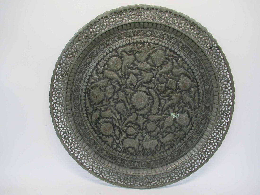 Persian Hand Made Copper Embossed Charger: Large in size with grayish patina depicting birds and deer. 30" dia. Used condition.