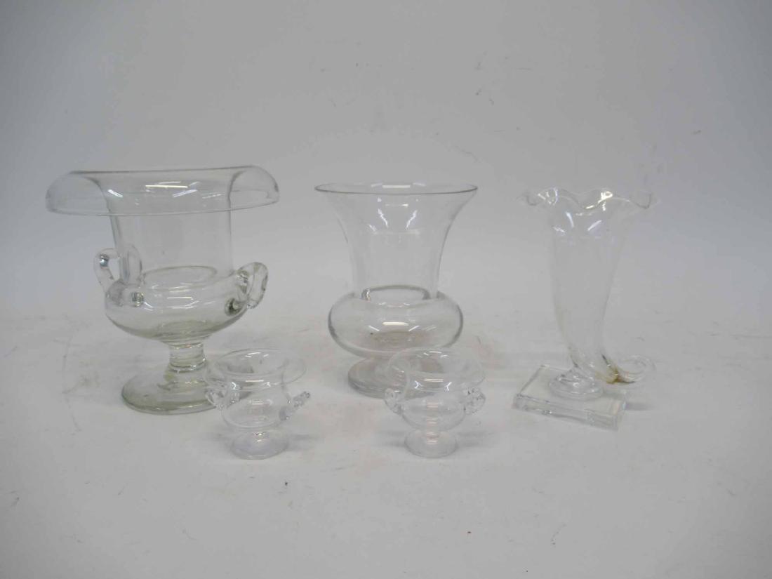 Colorless Glass Campana Form Vase: Together with a pair of diminutive campana form vases, a horn of plenty form vase, and baluster form vase. 7-1/2"h.