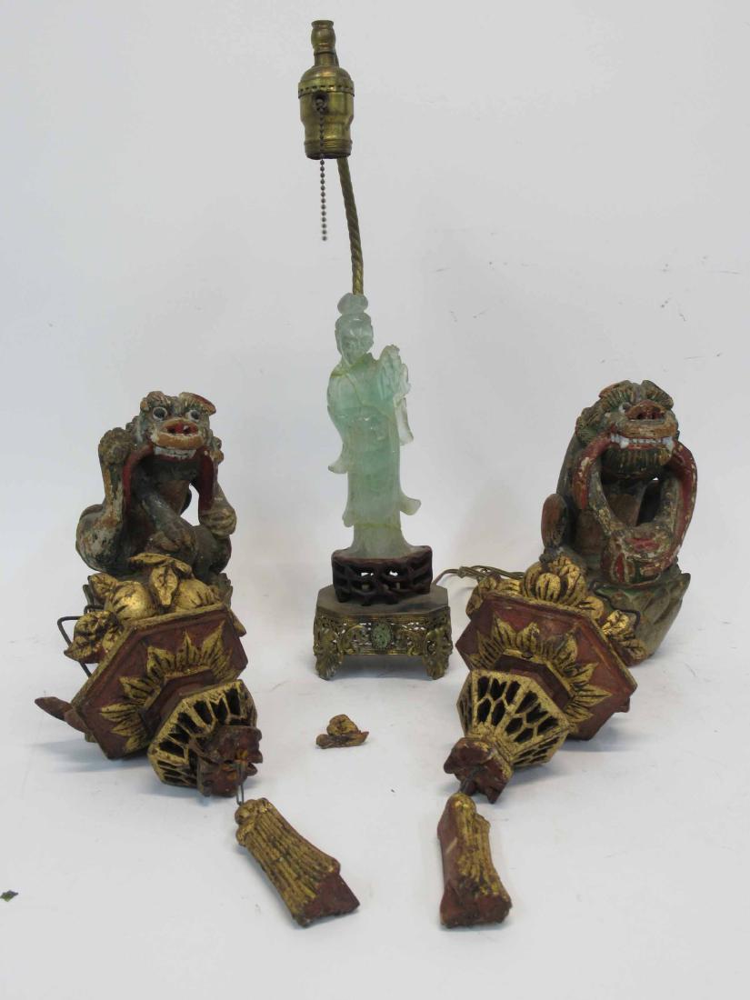 Pair of Chinese Painted Carved Wood Foo Dogs: Together with a painted and carved wood tassel-shaped pendants, and a jade Geisha probably Chinese. 4 pieces. Used condition, wear, worn, cracks, chips, lamp heavily repaired.
