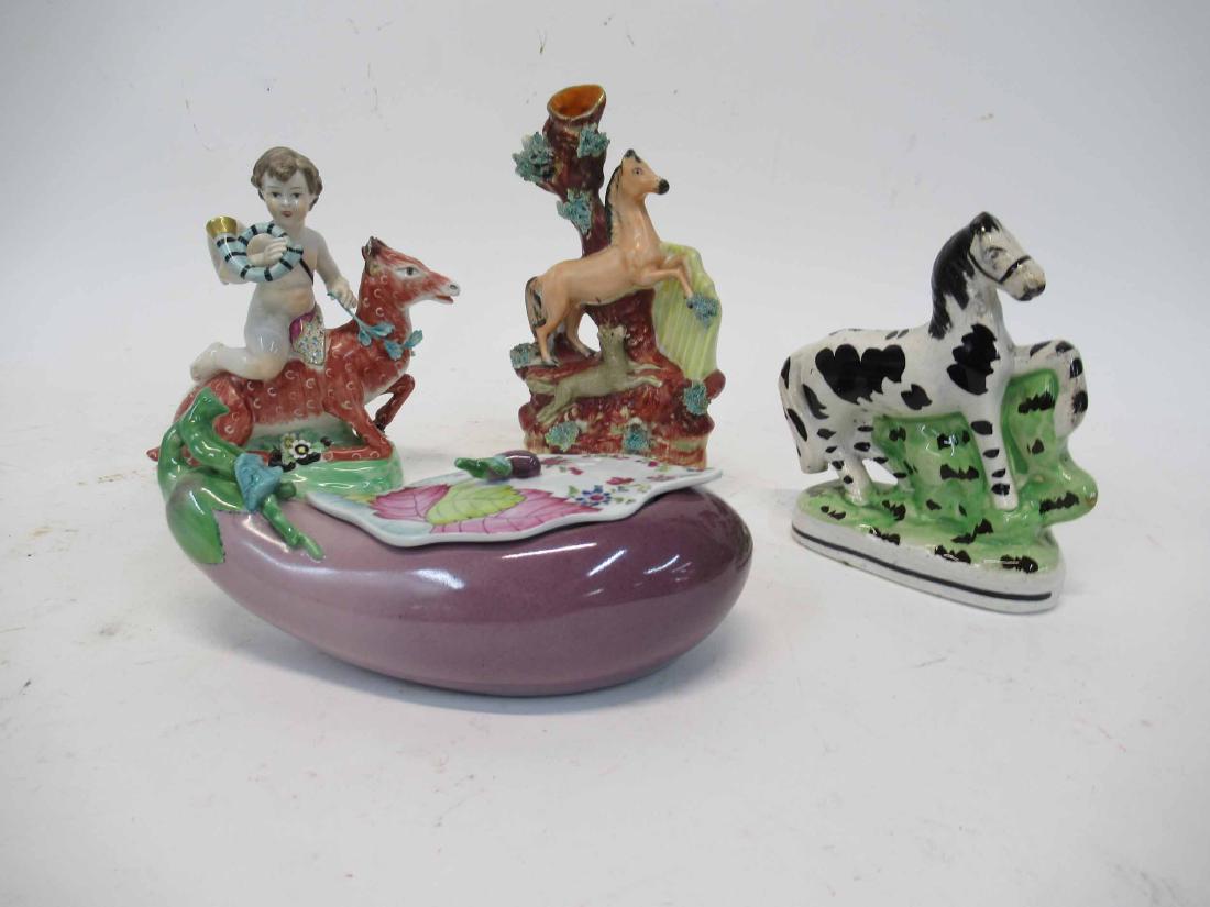 Mottahedeh Covered Eggplant: Together with a Mottahedeh horse figurine and 2 Staffordshire Horse figurines. Some damage to one horse.