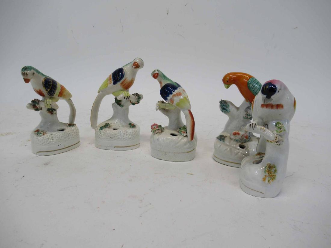 5 Assorted Staffordshire Bird Pen Holders: Some minor paint loss. approx. 5" tall x 2 3/4" x 2". Used, wear, worn.