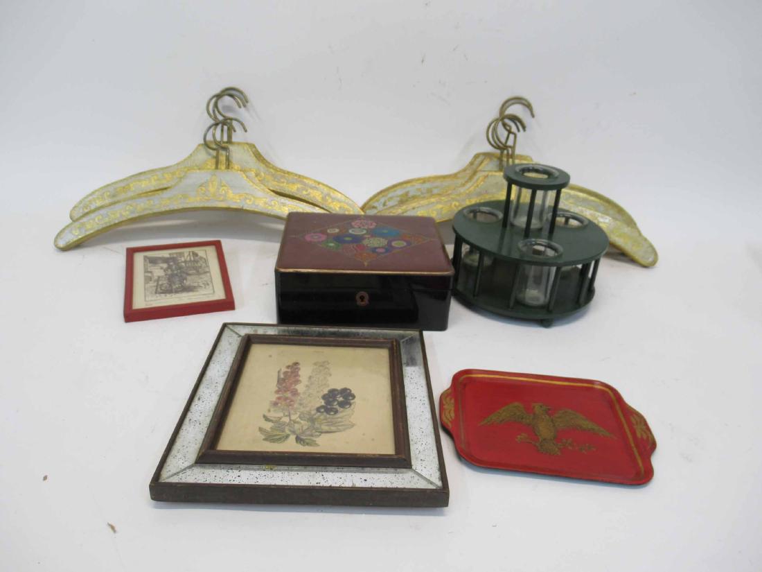 Set of Vintage Gilt Decorated Coat Hangers: Together with a group of assorted table articles including still life picture, lacquered box, tin tray, wooden cigar box and flower holder.