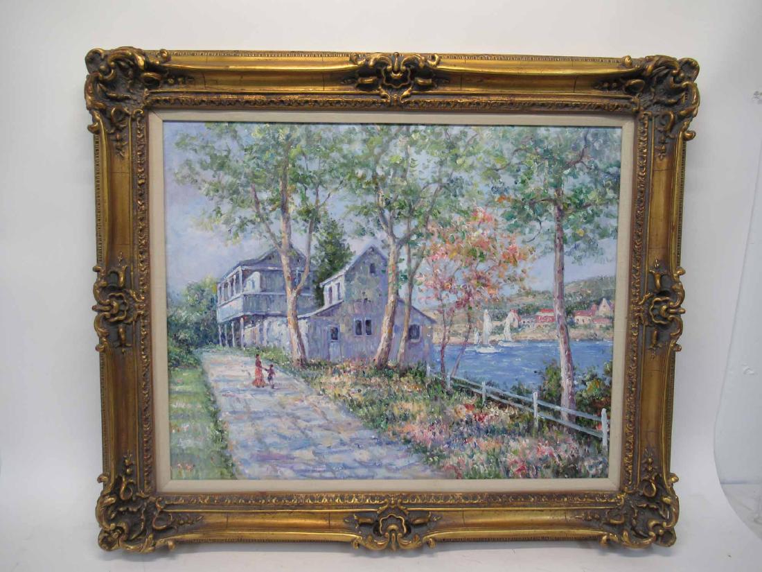 Oil on Canvas of Lake House: Depicting Lake house, sail boats and family returning to their home. Used condition, wear, worn. framed size 31 1/2" x 37 1/2"