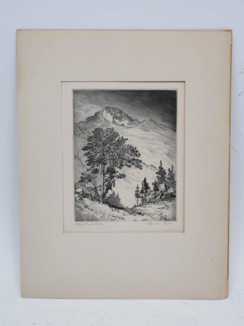Lyman Byxbe Etching: Titled "Top of Longs Peak" and signed. paper size 9" x 7 5/8"