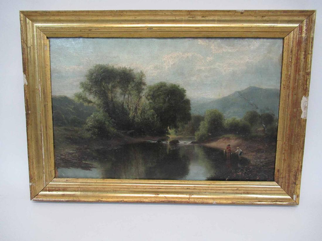 Hudson River School Painting: Oil on canvas laid down on board. Sight 22" x 14". Signed Illegibly signed lower right 1859. Used condition, some flaking. Framed size 28 3/4" x 17 1/2"
