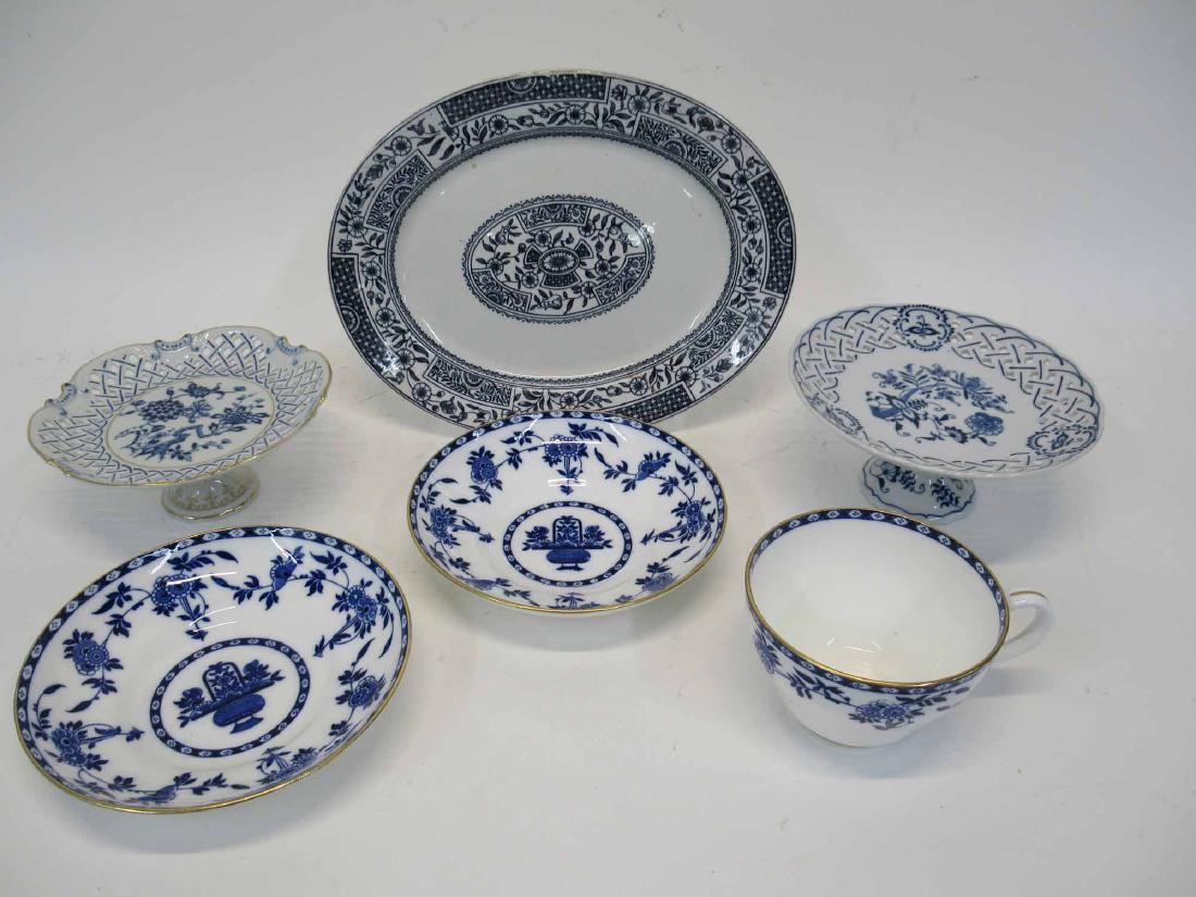Group of Assorted Blue and White Table Articles: Including Minton Delft cup and bowls, together with 2 footed compotes and platter. Used, wear, worn. Minton bowl 8 1/4" dia