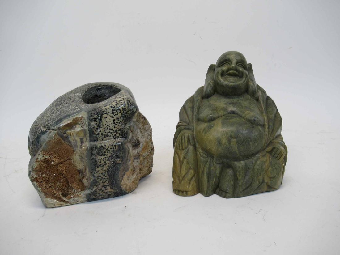 Soapstone Carved Happy Buddha: Together with a soapstone vessel holder. Used condition, wear, worn, cracks, chips. buddha 7" tall x 6" wide x 3 1/2" deep