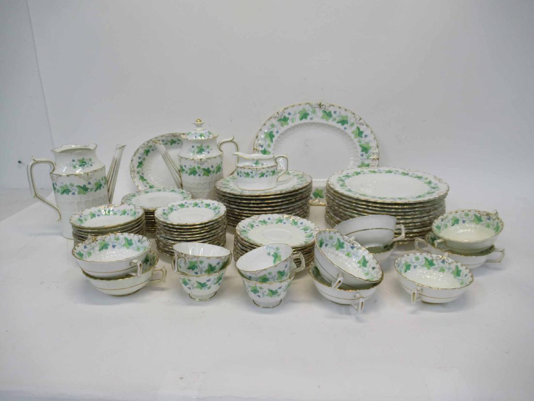 Royal Crown Derby Dinnerware: Partial Service approximately 85 pieces with gilt and floral decoration. some minor chips, some hairline, some discoloration.
