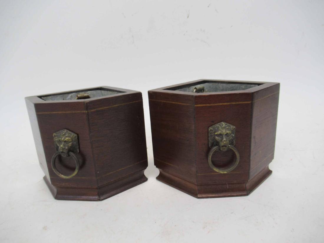 Pair of Mahogany Corner Planters: Diminutive in size, together with and earthenware urn. Urn size 6" tall x 4 1/2" dia