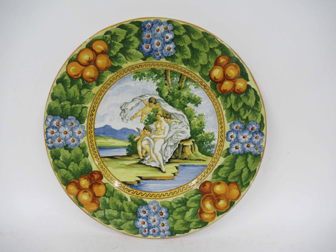 Large Earthenware Charger: Depicting Maiden with three Putti. 22 3/4" dia