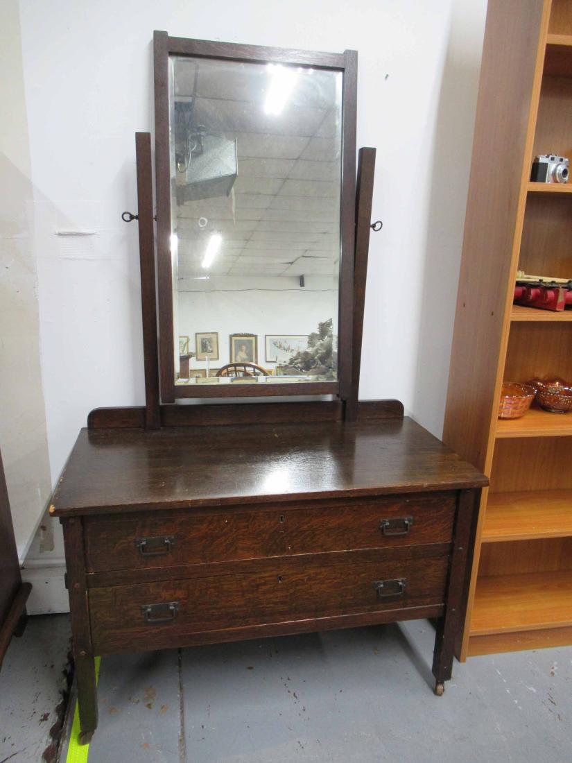 Arts and Crafts Oak Dressing Table: With mirror back. Used condition, wear, worn. 41"w x 21"d