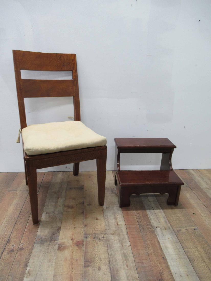 Crate and Barrel Basque Honey Wood Dining Chair: Together with Bombay Company wood step stool. Used condition, wear, worn. 39 1/2" tall x 19 1/4" wide