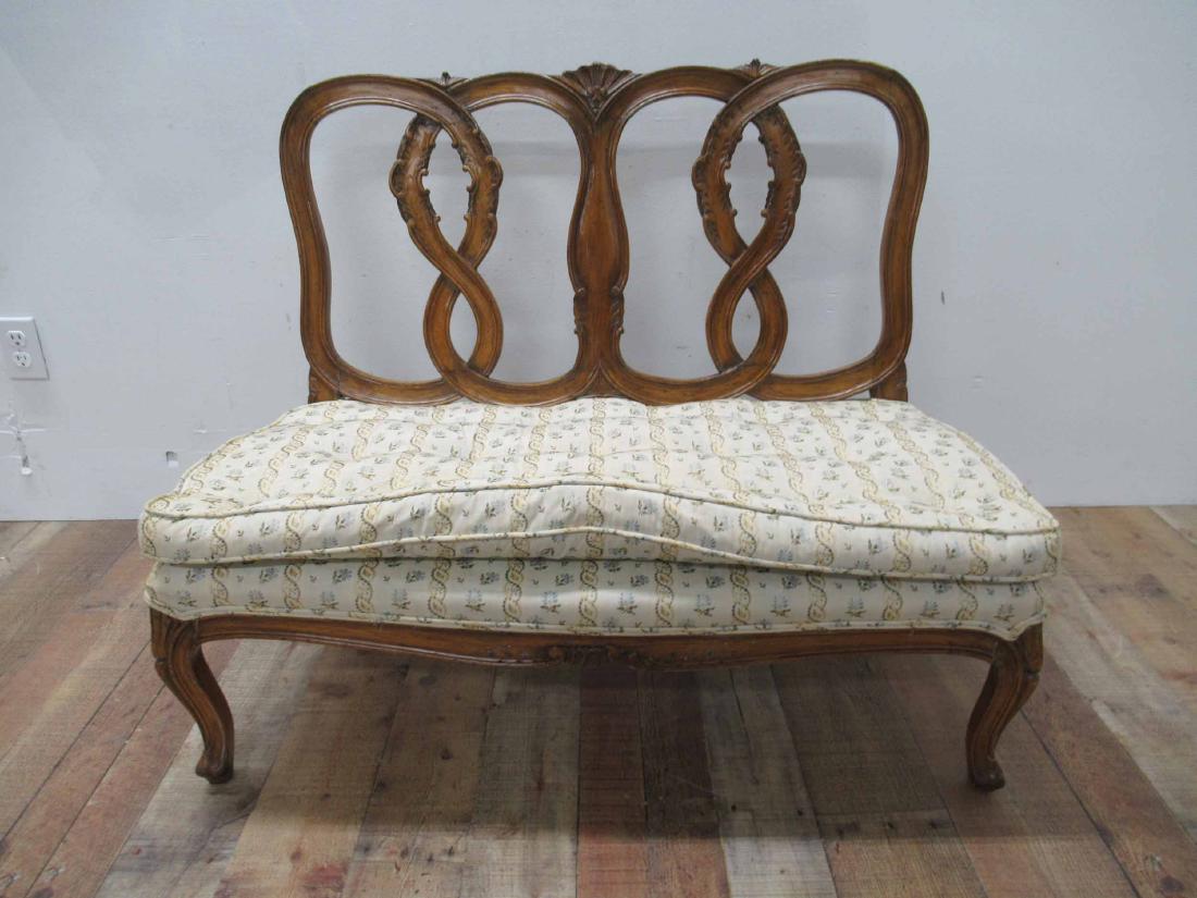 Louis XV Style Settee: Ribbon form backrest with shell carving. Wear, worn repairs. Top of seat from ground is 14". 32" tall x 40" long x 20" deep