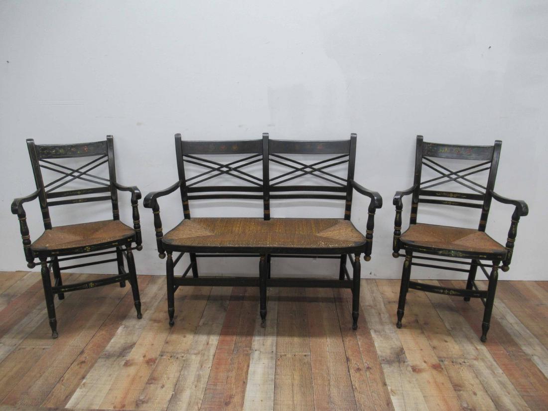 Hitchcock Style Settee: Floral and gilt decorated with rush seat. Together with 2 matching armchair. Paint loss, Surface distress. settee size 36 1/2" tall x 44" long x 19" deep