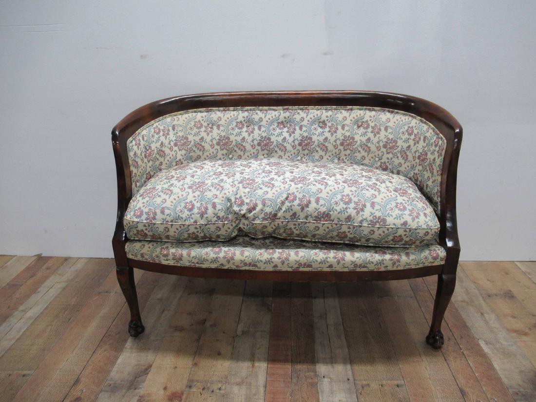 Empire Mahogany Loveseat: Barrel Back in form resting on paw feet. 45" long x 24" deep x 32 1/2 " tall