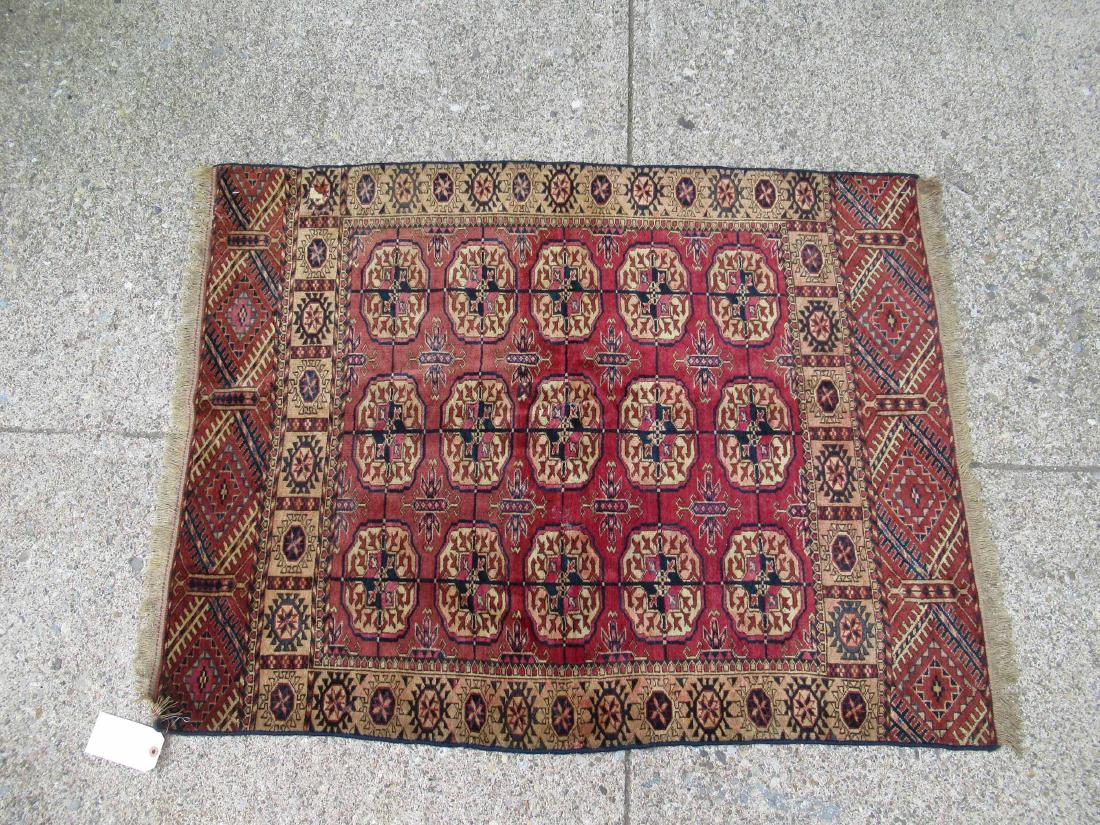 Bokhara Throw Rug: Bukhara. Used condition with repairs, wear, worn. 3' 4" x 4' 3"