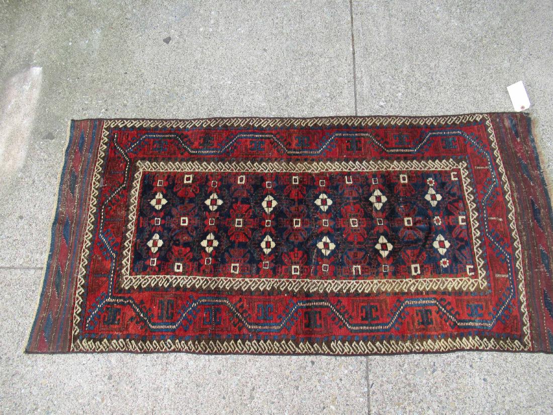 Baluchistan Throw Rug: Used condition, wear, worn, some holes. 3' x 6'