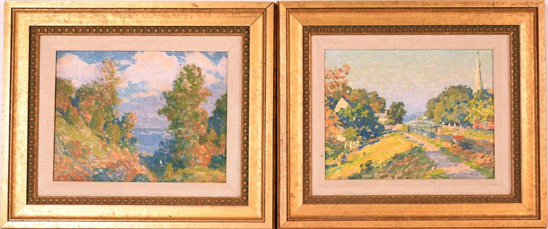 Two Oils on Board, Thomas R Manley: Thomas Rathbone Manley (American 1853-1930) One is signed and the second appears to be unsigned. Two poly-chrome landscapes of New Jersey. Paper labels on verso, " Along the Morris and Essex Canal nea
