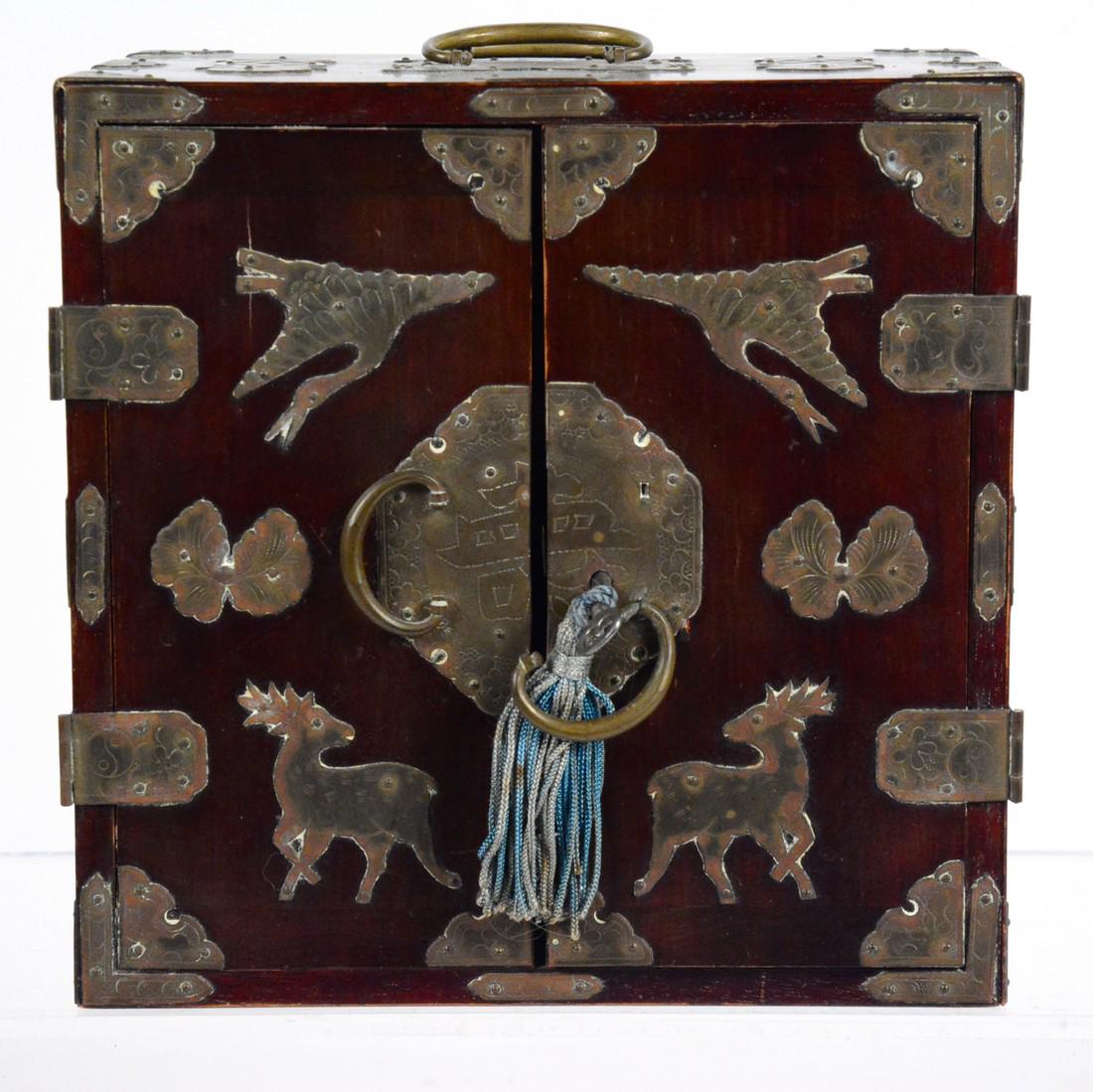 Chinese Hardwood Metal Mounted Jewelry Box: Opening to four short and two long drawers. Used condition 8 1/4"h x 8"w x 5 1/4"d
