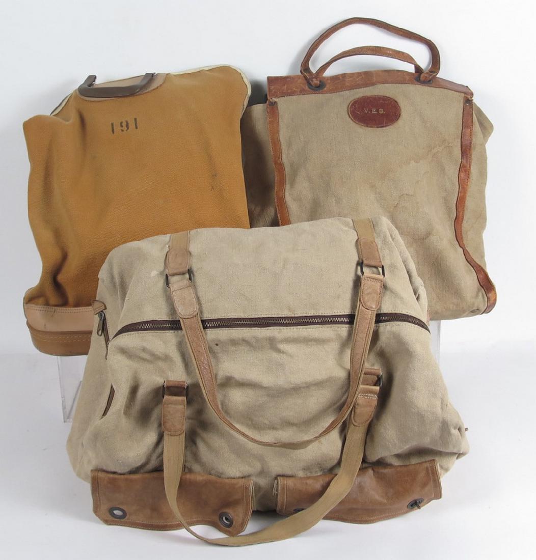 Three Leather Mounted Canvas Tote Bags: Used condition.