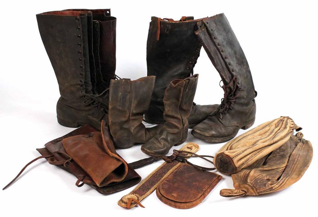 Group of Vintage Leather Articles: Including military boots, a pair of children's boots and a punching bag. Used condition.