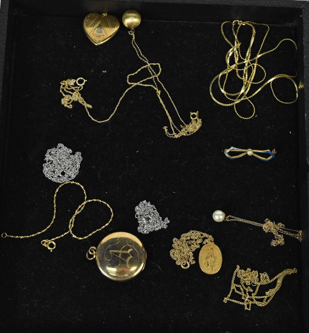 Group of Yellow Gold Jewelry: Comprising two lockets, one circular with "A" monogram, the other heart form with small diamond, bow pin with center pearl and enamel work, four fine chains with pendants, one a small diamond, a small