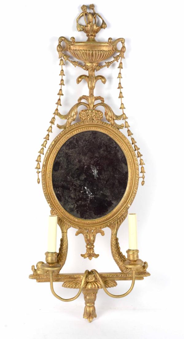 Adam-Style Giltwood Mirror Two-Light Sconce: English, mid-20th C. 39-1/4"h x 18"w x 3-1/4"d