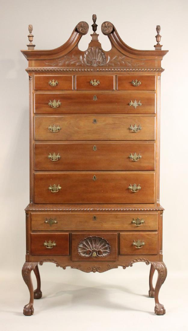 Chippendale Style Mahogany Highboy: Philadelphia tradition, early 20th C. 7'5-1/2"h x 4'1-1/2"w x 20-1/4"d
