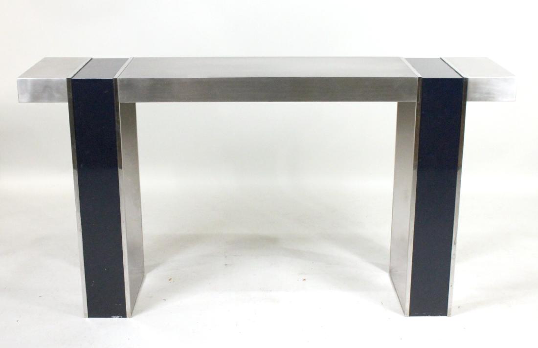 Chrome and Dark Blue Enamel Inset Console Table: 32"h x 5'w x 14"d