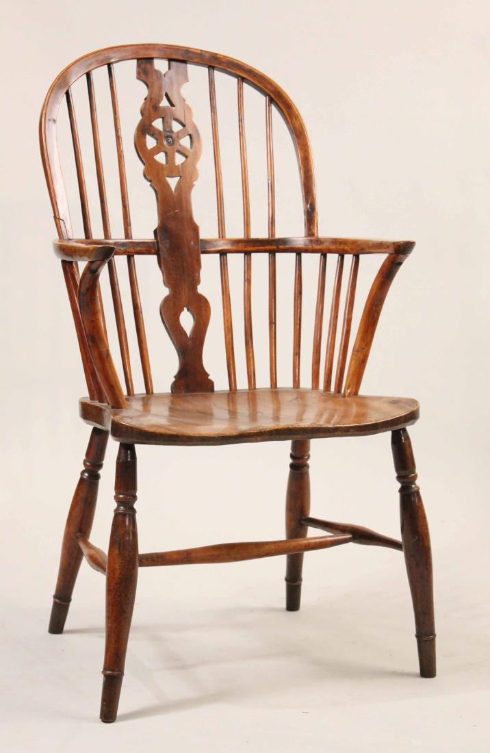 Elmwood Windsor Armchair: English, c. 1820. 39"h x 21-1/2"w, over arms