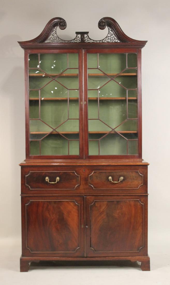 George III Mahogany Bureau Bookcase Cabinet: English, 3rd quarter 18th C. 8'1"h x 49"w x 25"d