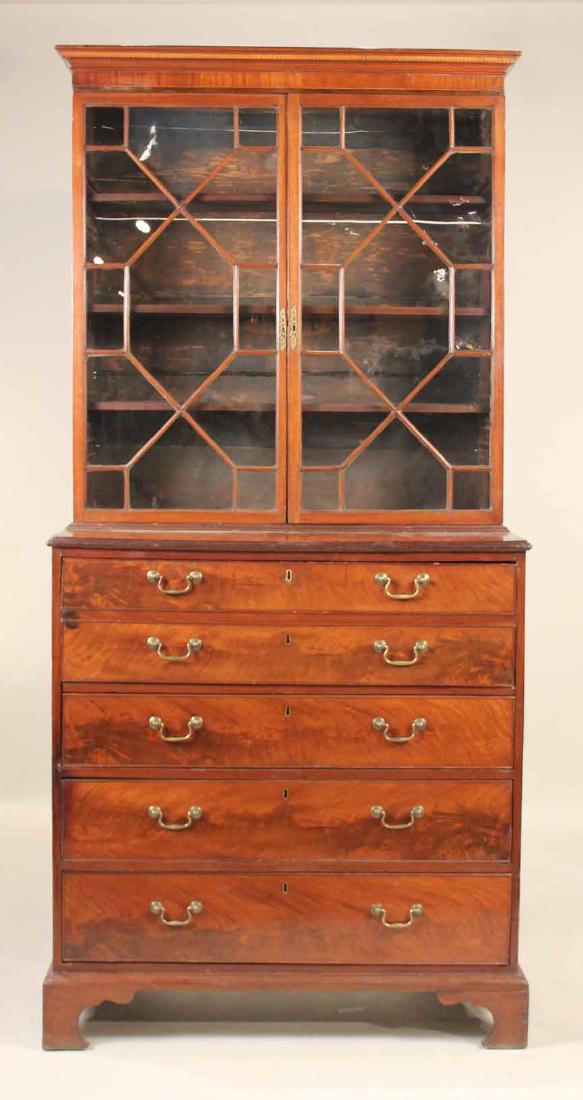 George III Mahogany Butler Secretary: English, c. 1770. Losses and repairs to veneer, cracks and repairs to feet. 7'8"h x 44-1/2"w x 23"d
