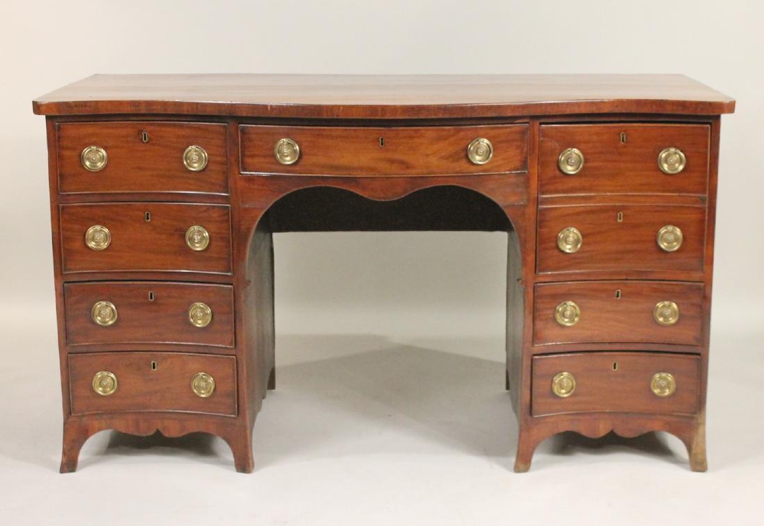 George III Mahogany Pedestal Sideboard: English, c. 1780, left side fitted with a pot cupboard door. Water damage, losses to molding on foot. 35-1/2"h x 5'3"w x 28-1/2"d