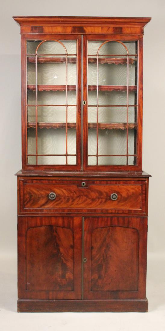 George III Mahogany Secretary Bookcase: English, late 18th C., in three parts. Losses and repairs to side molding. Apx. 7'2"h x 40-1/2"w x 20"d