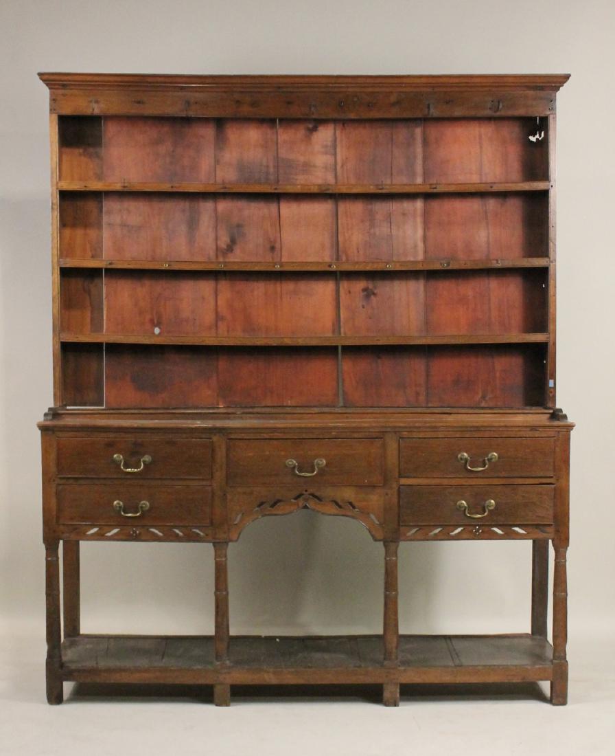 George III Oak Welsh Dresser: English, c. 1770, in two parts. 7'h x 5'9"w x 17-1/2"d