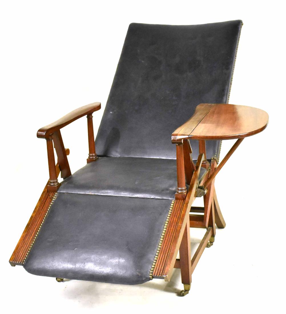 Mahogany Reclining Martha Washington Chair: American, c. 1780, with writing arm. Repairs to stretcher. 4'2"h x 25"w, over arms, 5'9"l, fully extended