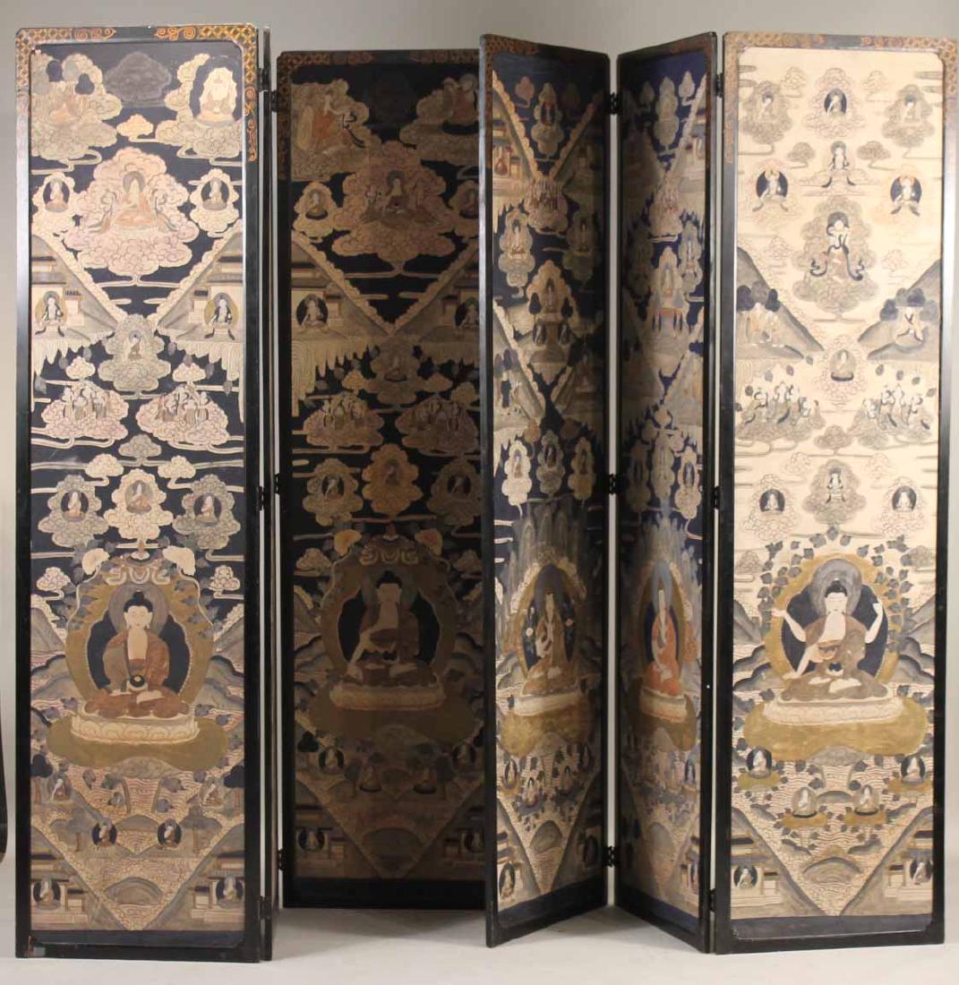 Painted Six Panel Screen, Tibetan Buddhist Scenes: c. 1900. 7'2"h, each panel 23"w