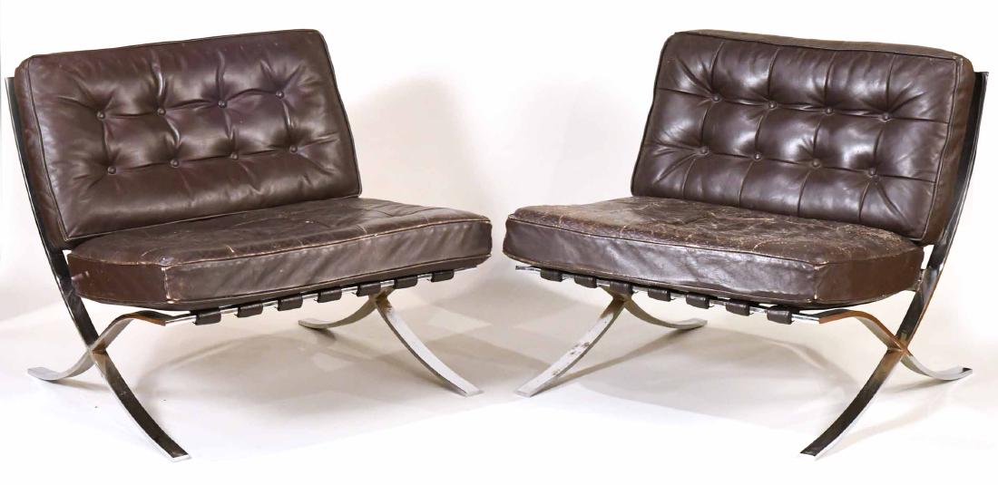 Pair of Mies Van Der Rohe Barcelona Chairs: For Knoll. Brown tufted leather upholstery. Losses and wear to leather. 28-1/2"h x 31"w x 31"d