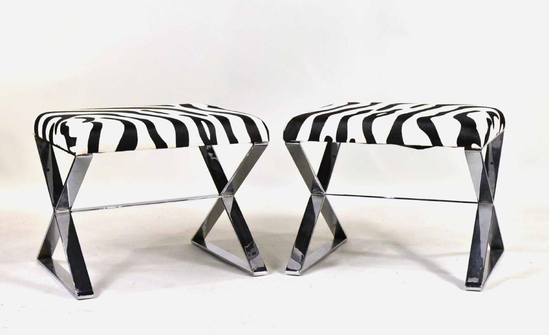Pair of Zebra Printed Hide and Chrome Stools: 19-1/2"h x 24"w x 21-1/2"d