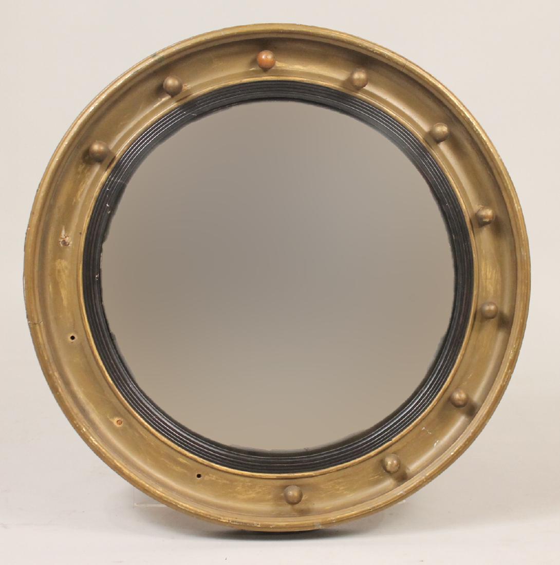 Regency Giltwood Convex Mirror: English, mid-19th C. Lacking some elements, imperfections to mirror plate. 24-1/2"dia.