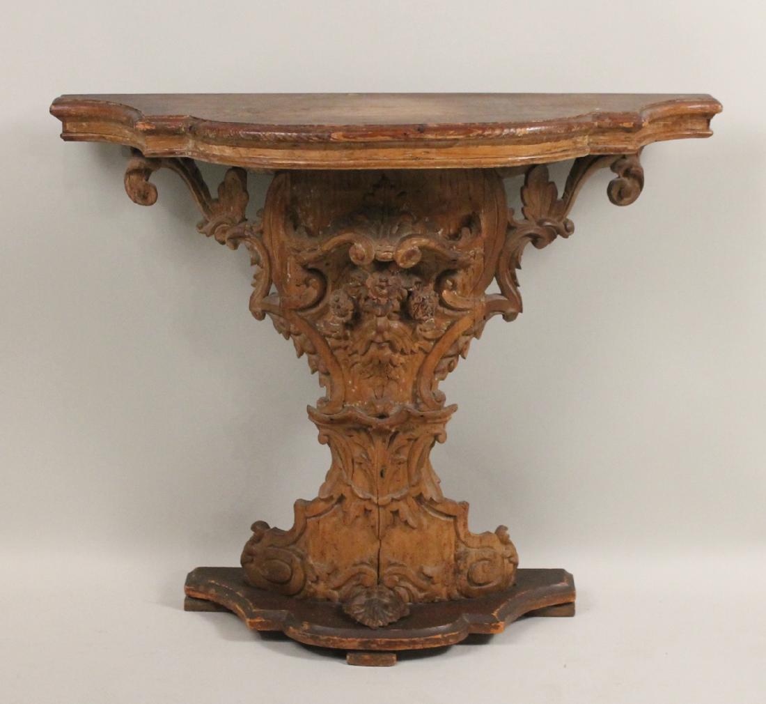 Rococo Carved Pine Pier Table: Continental, 19th C. Worm damage, wear, losses. 34-1/2"h x 41-1/2"w x 13"d