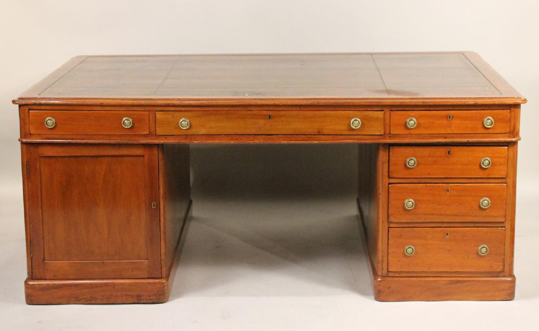 Victorian Leather-Inset Mahogany Partners Desk: English, late 19th C. of impressive size. 36-1/4"h x 5'11"w x 46-1/2"d