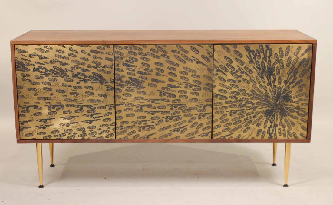 Walnut and Brass Peacock 3 Credenza: 30"h x 4'9"w x 30"d