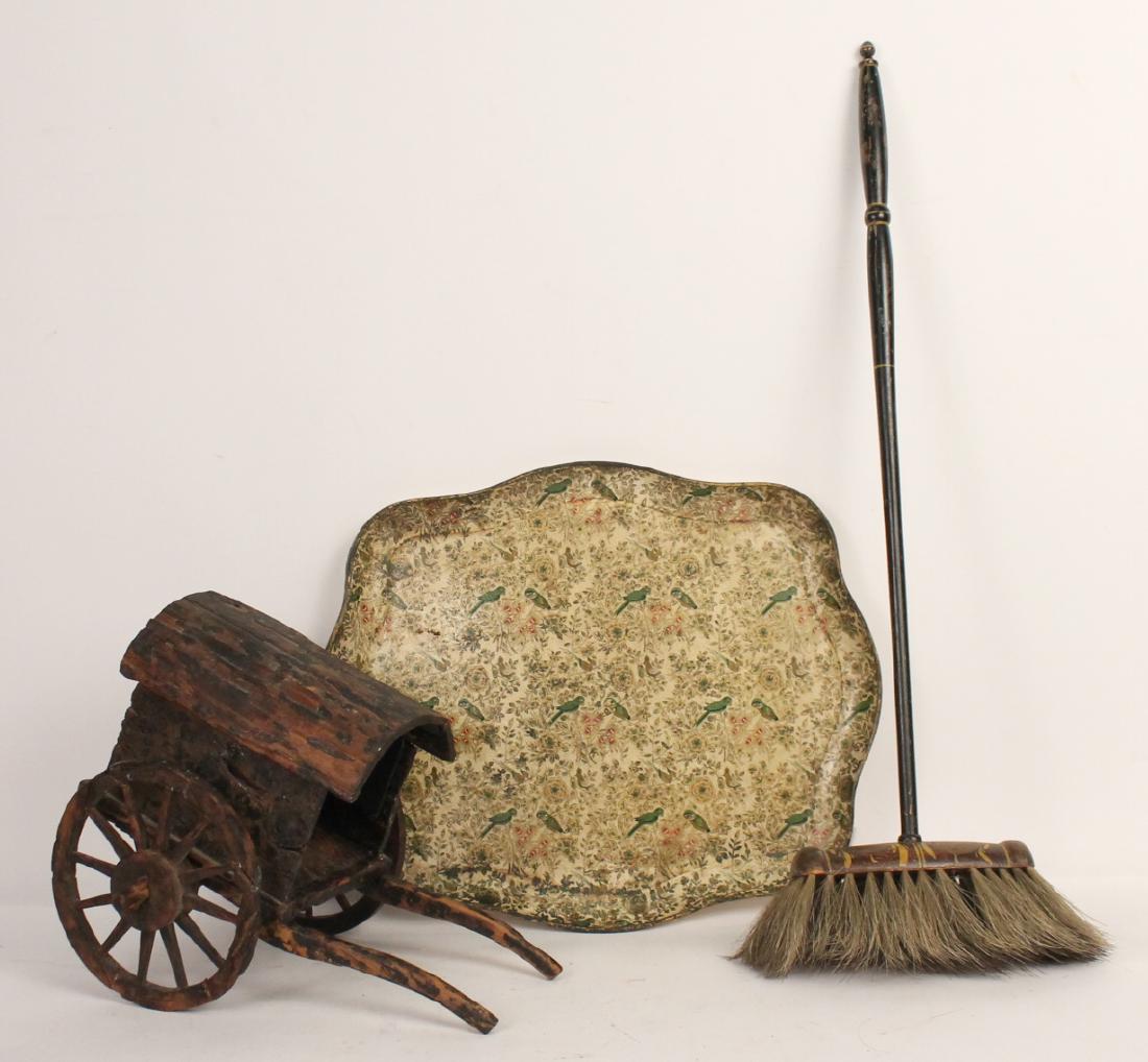Chinese Diminutive Cart: 17th C. Together with decorative table articles comprising a papier mache tray, a hearth brush a and five Chinese hardwood stands. Cart 11"h x 13 1/2"l