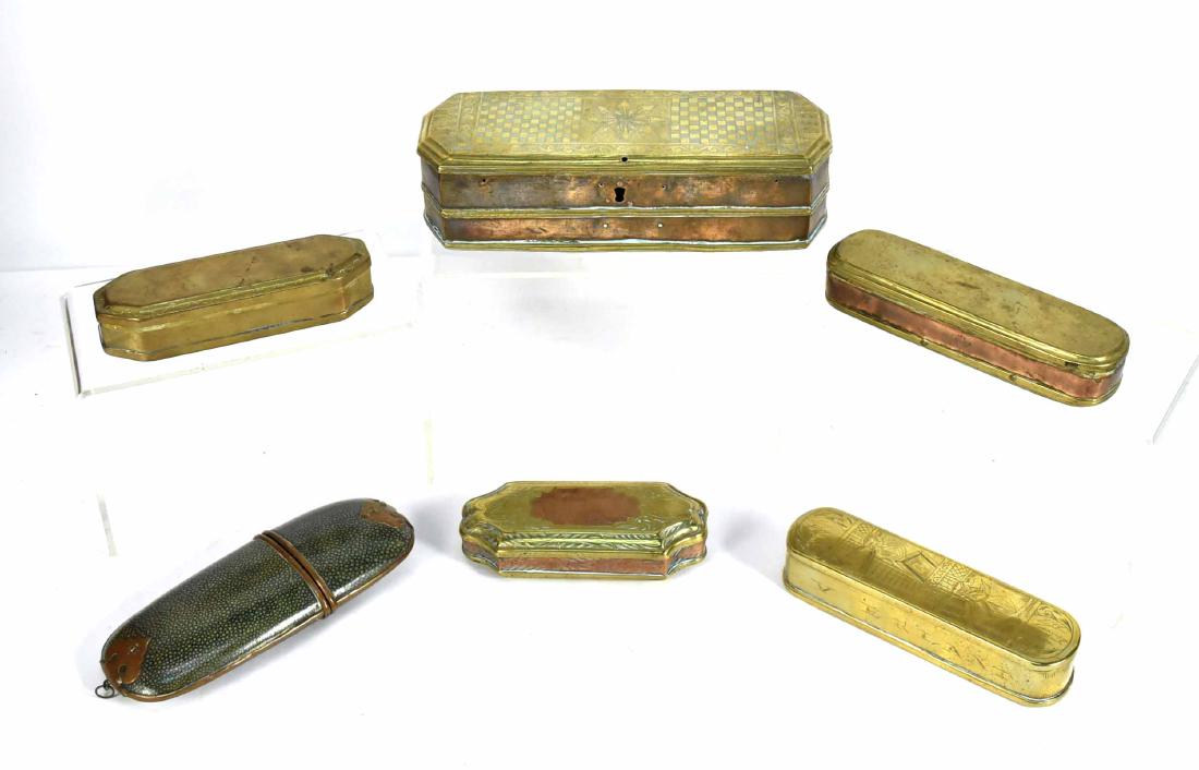 Five Dutch Brass Tobacco Boxes: 19th C. Together with a Shagreen eye glass case.