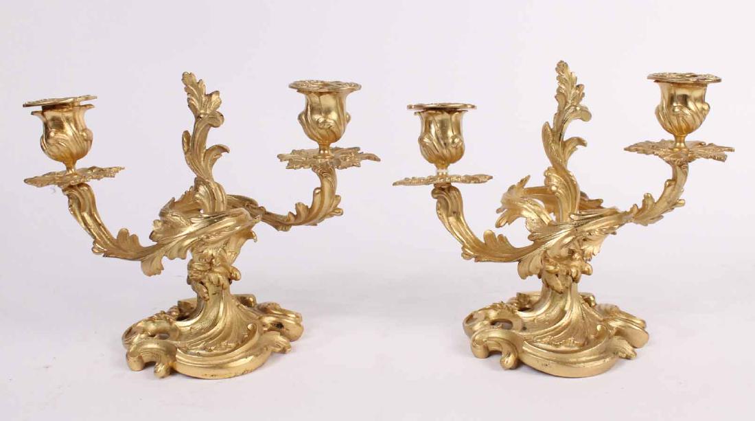 Pair of Louis XV Style Two-Light Candelabra: Bronze Ormolu, Petite size. 6-3/4"h x 9"w