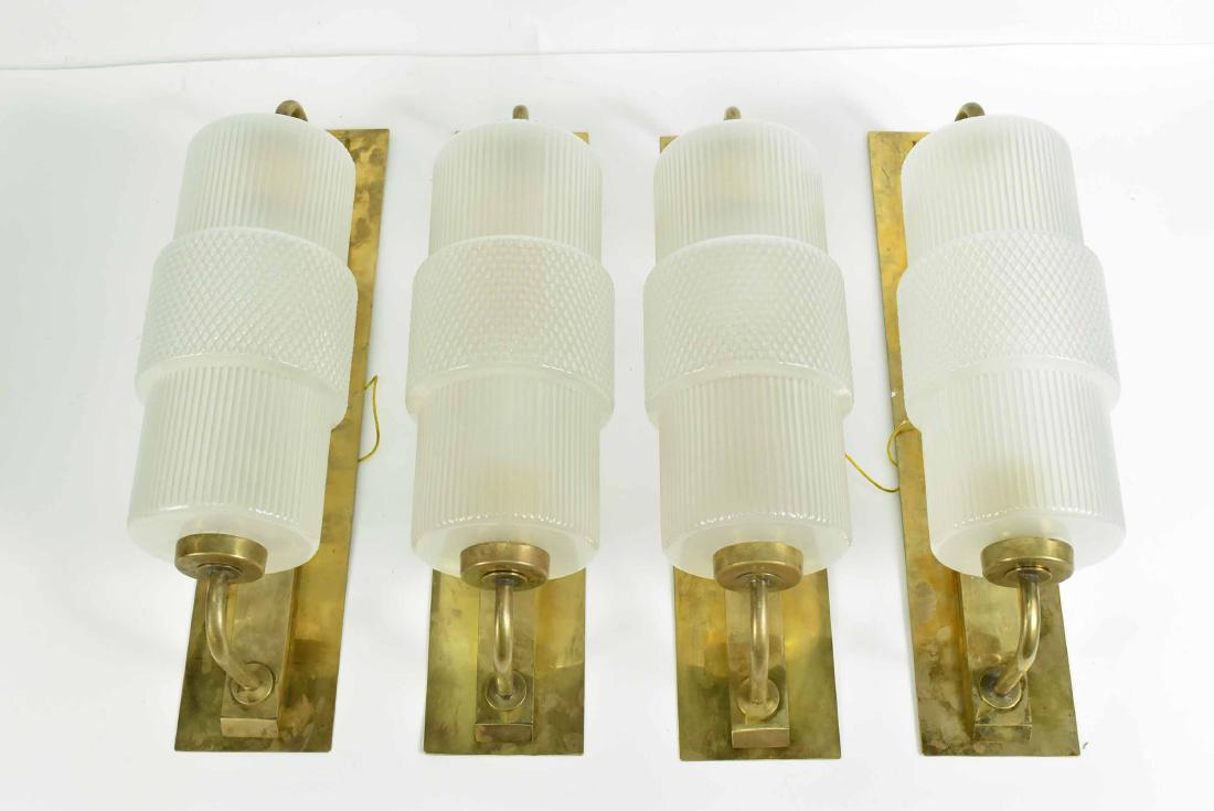Four Modern Glass and Brass Wall Sconces: 20th C. 20-1/2"h x 6"w x 6"d