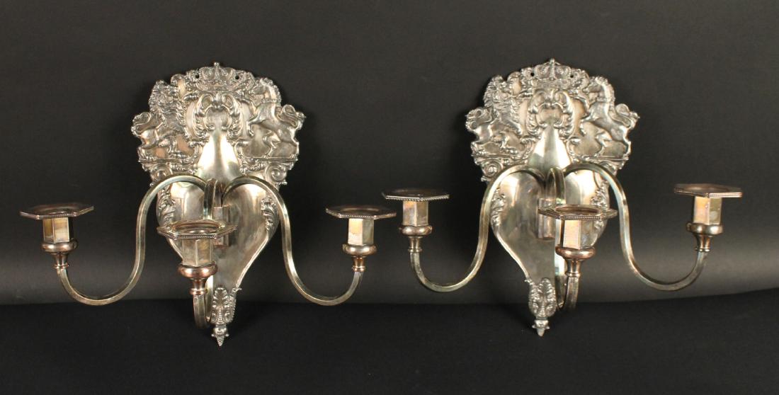 Pair Sheffield Silver Plated 3 Arm Wall Sconces: English. 11 1/2"h x 12'w