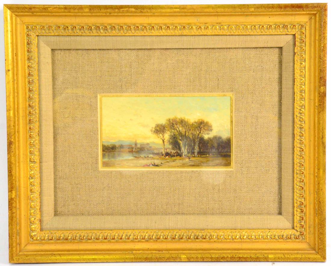Miniature Oil Painting Riverscene with Trees: Attributed to Samuel Colman (American, 1832-1920) Sight size: 3"h x 5-1/2"w Provenance: Purchased from Samuel Colman's grandchildren in Long Island in the late 1970s.