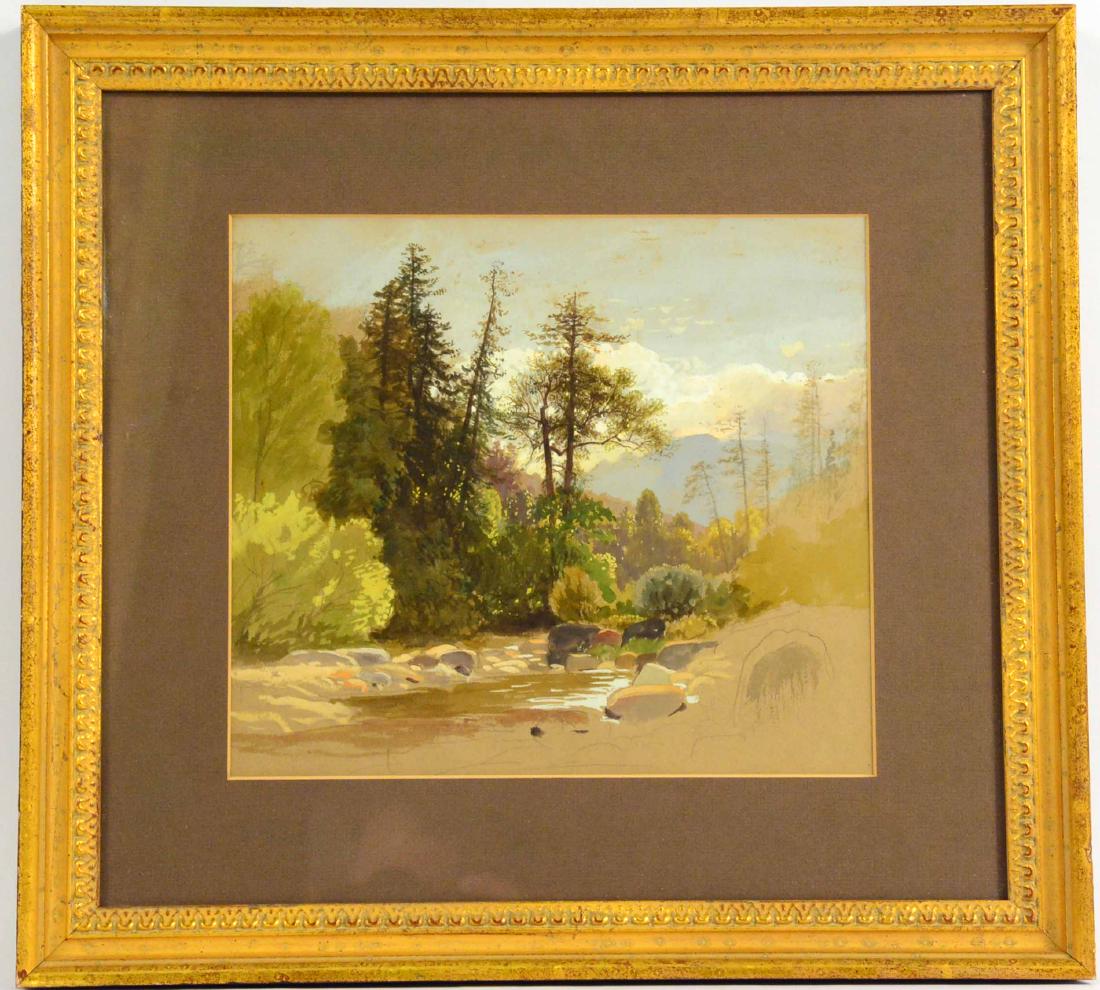 Mixed Media on Paper, Study of Trees on River: Attributed to Samuel Colman (American, 1832-1920) Sight size: 9"h x 10"w Provenance: Purchased from Samuel Colman's grandchildren in Long Island in the late 1970s.